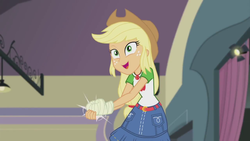 Size: 1280x720 | Tagged: safe, screencap, applejack, constructive criticism, equestria girls, g4, my little pony equestria girls: better together, my little pony equestria girls: choose your own ending, bandage, broken hand, female, geode of super strength, solo