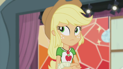 Size: 1280x720 | Tagged: safe, screencap, applejack, constructive criticism, equestria girls, g4, my little pony equestria girls: better together, bandage, broken hand, female, geode of super strength, solo