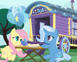 Size: 1280x1031 | Tagged: safe, artist:ask-ember-quill, fluttershy, trixie, pegasus, pony, unicorn, g4, balloon, cake, female, food, lesbian, shipping, trixie's wagon, trixieshy