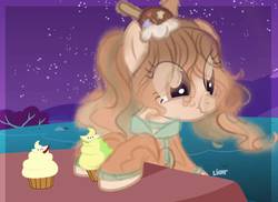 Size: 1280x933 | Tagged: safe, artist:cute---cat, oc, oc only, earth pony, ghost, pony, cupcake, female, food, mare, night, solo