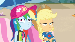 Size: 1920x1080 | Tagged: safe, screencap, applejack, rainbow dash, equestria girls, g4, lost and found, my little pony equestria girls: better together, baseball cap, beach, cap, clothes, cowboy hat, crossed arms, duo, exasperated face, eyeroll, female, geode of super speed, geode of super strength, hat, magical geodes, stetson, swimsuit