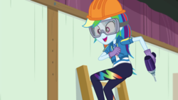 Size: 1280x720 | Tagged: safe, screencap, rainbow dash, constructive criticism, equestria girls, equestria girls series, g4, constructive criticism: rainbow dash, drill, female, geode of super speed, hard hat, magical geodes, safety goggles, solo