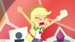 Size: 1280x720 | Tagged: safe, screencap, applejack, constructive criticism, constructive criticism: rainbow dash, equestria girls, g4, my little pony equestria girls: better together, applejack's hat, armpits, bandage, belt, blonde hair, broken hand, clothes, cowboy hat, cutie mark on clothes, denim, denim skirt, eyes closed, female, fist, geode of super strength, hat, jewelry, necklace, open mouth, orange skin, shirt, skirt, solo, stetson, stop, t-shirt, yelling