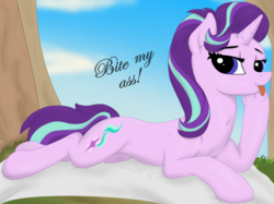 Size: 1390x1040 | Tagged: safe, artist:soctavia, edit, starlight glimmer, pony, unicorn, g4, bedroom eyes, kiss my ass, lewd, licking, looking at you, tongue out, tree