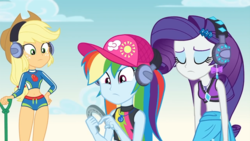 Size: 1920x1080 | Tagged: safe, screencap, applejack, rainbow dash, rarity, equestria girls, equestria girls series, g4, lost and found, applejack's hat, baseball cap, belly button, cap, clothes, cowboy hat, ear piercing, earring, female, geode of shielding, geode of super speed, geode of super strength, hat, headphones, horseshoes, irony, jewelry, lidded eyes, magical geodes, metal detector, midriff, piercing, rarity's blue sarong, rarity's purple bikini, sarong, stetson, sun hat, swimsuit, thighs, trio