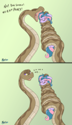 Size: 4000x7000 | Tagged: safe, artist:fluffyxai, oc, oc:berry twist, earth pony, pony, snake, blushing, coiling, coils, comic, dialogue, drool, female, imminent vore, implied hypnosis, implied vore, mare, offscreen character, open mouth, silly, simple background, smiling, speech, text, vore denied, wrapped up