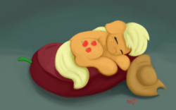 Size: 1920x1200 | Tagged: safe, artist:redquoz, applejack, earth pony, pony, equestria daily, g4, beanbag chair, curled up, cute, eyes closed, female, freckles, hair tie, hat, hatless, jackabetes, mare, missing accessory, natg2018, newbie artist training grounds, nudity, simple background, sleeping, solo