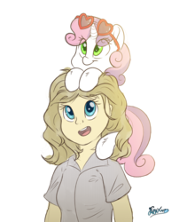 Size: 1586x1883 | Tagged: safe, artist:fluffyxai, sweetie belle, human, pony, unicorn, g4, :t, claire corlett, cute, diasweetes, duo, glasses, heart shaped glasses, leaning, leg fluff, looking up, open mouth, ponies riding humans, pony hat, riding, simple background, smiling, sunglasses, voice actor, white background