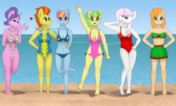 Size: 6667x4000 | Tagged: safe, artist:zeronitroman, chickadee, cookie crumbles, fleur-de-lis, ms. peachbottom, pear butter, stormy flare, windy whistles, earth pony, anthro, g4, armpits, beach, belly button, bikini, clothes, female, group, milf, ocean, one-piece swimsuit, pose, red swimsuit, swimsuit