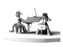 Size: 1000x750 | Tagged: safe, artist:hattonslayden, dj pon-3, octavia melody, vinyl scratch, anthro, unguligrade anthro, g4, cello, duo, female, grayscale, looking down, looking up, monochrome, musical instrument, piano, simple background, white background