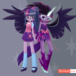 Size: 1000x1000 | Tagged: safe, artist:howxu, sci-twi, twilight sparkle, equestria girls, g4, clothes, cutie mark on clothes, duality, duo, female, glasses, holding hands, looking at you, midnight sparkle, patreon, patreon logo, skirt, unamused