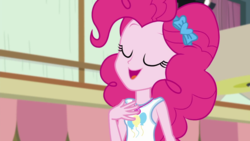 Size: 1280x720 | Tagged: safe, screencap, pinkie pie, constructive criticism, constructive criticism: pinkie pie, equestria girls, g4, my little pony equestria girls: better together, my little pony equestria girls: choose your own ending, clothes, eyes closed, female, geode of sugar bombs, headband, magical geodes, solo, tank top