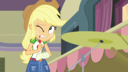 Size: 1280x720 | Tagged: safe, screencap, applejack, constructive criticism, constructive criticism: pinkie pie, equestria girls, g4, my little pony equestria girls: better together, arm cast, bandage, broken hand, cymbals, geode of super strength, musical instrument
