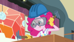 Size: 1280x720 | Tagged: safe, screencap, pinkie pie, constructive criticism, constructive criticism: pinkie pie, equestria girls, g4, my little pony equestria girls: better together, female, geode of sugar bombs, hammer, hard hat, safety goggles, solo