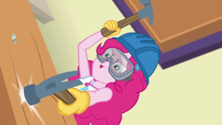 Size: 1280x720 | Tagged: safe, screencap, pinkie pie, constructive criticism, constructive criticism: pinkie pie, equestria girls, g4, my little pony equestria girls: better together, geode of sugar bombs, hammer, hard hat, safety goggles