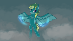 Size: 1024x576 | Tagged: safe, artist:pollynia, oc, oc only, pegasus, pony, chest fluff, dark cloud, female, floating, lightning, smiling, solo, thunderbolt