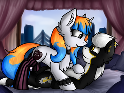 Size: 1895x1425 | Tagged: safe, artist:deraniel, oc, oc only, earth pony, pony, unicorn, clothes, couple, cute, ear fluff, female, fluffy, hug, lying, male, mare, socks, stallion