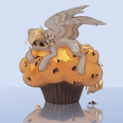 Size: 2000x2000 | Tagged: safe, artist:graypillow, derpy hooves, pegasus, pony, g4, female, food, giant muffin, heart, high res, mare, muffin, ponies in food, solo