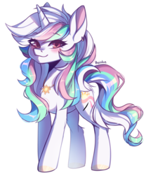 Size: 1024x1232 | Tagged: safe, artist:reiishn, oc, oc only, oc:bd, pony, unicorn, blushing, female, looking at you, mare, simple background, smiling, solo, white background