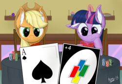 Size: 4000x2750 | Tagged: safe, artist:arcane-thunder, applejack, twilight sparkle, alicorn, earth pony, pony, g4, ace of spades, card, chair, ear fluff, female, floppy ears, magic, mare, poker chips, smiling, table, twilight sparkle (alicorn), uno, wavy mouth, wild draw four