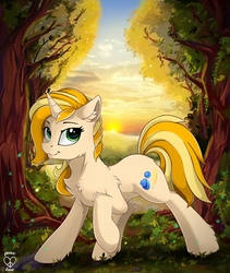 Size: 970x1148 | Tagged: safe, artist:z-y-c, oc, oc only, pony, unicorn, female, forest, looking at you, mare, raised hoof, scenery, solo, style emulation, sunset, tree