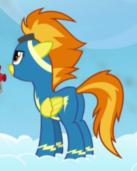 Size: 270x336 | Tagged: safe, screencap, spitfire, pegasus, pony, g4, newbie dash, butt, clothes, cloud, cropped, female, firebutt, goggles, hooves, mare, on a cloud, plot, solo, standing on a cloud, uniform, wings, wonderbolts uniform