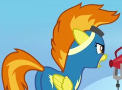 Size: 662x489 | Tagged: safe, screencap, spitfire, pegasus, pony, g4, newbie dash, butt, clothes, cropped, female, firebutt, goggles, mare, open mouth, plot, solo, uniform, wonderbolts uniform