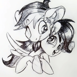 Size: 1210x1205 | Tagged: safe, artist:smirk, rainbow dash, scootaloo, g4, duo, hug, monochrome, scootalove, traditional art