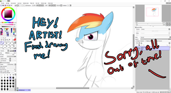 Size: 1916x1040 | Tagged: safe, artist:moonatik, rainbow dash, pony, g4, atg 2018, dialogue, drawn into existence, female, fourth wall, fourth wall destruction, meme in description, meta, newbie artist training grounds, paint tool sai, painttoolsai, sketch, solo, wip