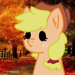 Size: 500x500 | Tagged: safe, artist:kitty0606, applejack, earth pony, pony, g4, autumn, black sclera, bust, female, freckles, hat, leaves, solo, tree