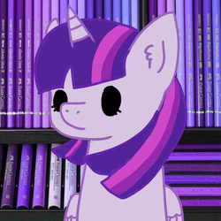 Size: 512x512 | Tagged: safe, artist:kitty0606, twilight sparkle, alicorn, pony, g4, black sclera, book, bookshelf, bust, female, solo, twilight sparkle (alicorn)