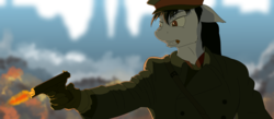 Size: 3508x1536 | Tagged: safe, artist:coreboot, oc, oc:commissar junior, anthro, clothes, commissar, gun, military, military uniform, nkvd, soviet, soviet union, tokarev, tt-30, tt-33, weapon