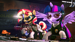 Size: 7680x4320 | Tagged: safe, artist:calveen, sunset shimmer, twilight sparkle, alicorn, pony, unicorn, g4, 3d, absurd resolution, angry, armor, aviator sunglasses, badass, badge, camera, car, chromatic aberration, clothes, debris, fire, glasses, glowing horn, gun, handgun, horn, lamp, lens flare, levitation, looking at you, m16a2, magic, pistol, police, raised hoof, rifle, signature, smoke, source filmmaker, spread wings, sunglasses, swat, telekinesis, twilight sparkle (alicorn), unamused, uniform, weapon, wings