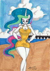 Size: 2089x2972 | Tagged: safe, artist:newyorkx3, princess celestia, anthro, g4, beach, breasts, busty princess celestia, clothes, curvy, female, high res, hourglass figure, looking at you, scenery, solo, swimsuit, traditional art
