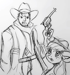 Size: 1327x1403 | Tagged: safe, artist:smirk, applejack, human, g4, gun, gunslinger, monochrome, traditional art, weapon