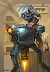 Size: 1400x2000 | Tagged: safe, artist:jedayskayvoker, oc, oc only, oc:artemis, hippogriff, hybrid, robot, fallout equestria, clothes, female, jumpsuit, mister handy, nuka cola, repair, repair bay, repairing, solo, wrench