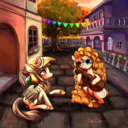 Size: 2344x2344 | Tagged: safe, artist:cali luminos, pear butter, oc, oc:tailcoatl, earth pony, pony, g4, city, commission, duo, flower, flower in hair, guitar, hat, high res, mexico, signature, sitting, street