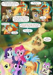 Size: 3500x4950 | Tagged: safe, artist:light262, artist:lummh, applejack, doctor whooves, fluttershy, pinkie pie, rainbow dash, rarity, spike, time turner, twilight sparkle, oc, oc:princess tempora, alicorn, dragon, earth pony, pegasus, pony, unicorn, comic:timey wimey, g4, 3d glasses, alicorn oc, allons-y, background pony, comic, doctor who, ethereal mane, female, looking at you, male, mane seven, mane six, mare, necktie, sign, smiling, stallion, the doctor, the end, twilight sparkle (alicorn)