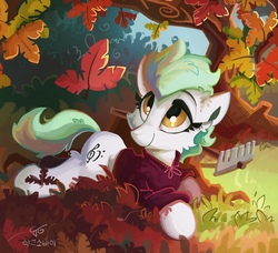 Size: 1280x1168 | Tagged: safe, artist:saxopi, oc, oc only, earth pony, pony, autumn, clothes, cute, ear fluff, female, leaves, mare, ocbetes, rake, solo, sweater, tree