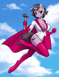 Size: 1012x1314 | Tagged: safe, artist:mozzarella, oc, oc only, oc:black steel, unicorn, anthro, unguligrade anthro, anthro oc, breasts, cape, cleavage, clothes, cloud, commission, costume, female, hammer, hero, mare, power girl, sky, smiling, socks, thigh highs, ych result