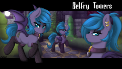 Size: 3840x2160 | Tagged: safe, artist:ciderpunk, oc, oc:belfry towers, bat pony, firefly (insect), pony, bat pony oc, castle, choker, clothes, ear piercing, earring, garden, high res, jewelry, looking at you, necklace, piercing, slit pupils, socks