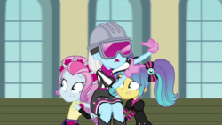Size: 1280x720 | Tagged: safe, screencap, photo finish, pixel pizazz, violet blurr, constructive criticism, constructive criticism: photo finish, equestria girls, g4, my little pony equestria girls: better together, director's vision, female, hard hat, safety goggles, the snapshots, trio, trio female