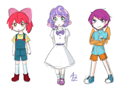 Size: 1392x1020 | Tagged: dead source, safe, artist:apzzang, apple bloom, scootaloo, sweetie belle, human, g4, clothes, converse, cutie mark crusaders, dress, female, humanized, implied rainbow dash, jacket, overalls, shoes, simple background, sneakers, trio, trio female, white background, winged humanization, wings
