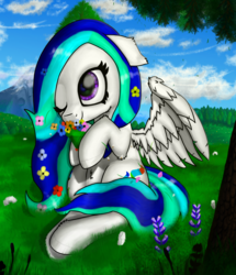 Size: 1632x1900 | Tagged: safe, artist:nuxersopus, oc, oc only, pony, cloud, flower, flower in hair, forest, mountain, one eye closed, scenery, sky, solo, spread wings, tree