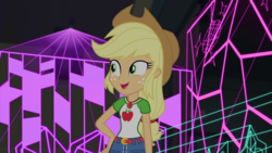 Size: 1280x720 | Tagged: safe, screencap, applejack, constructive criticism, constructive criticism: photo finish, equestria girls, g4, my little pony equestria girls: better together, belt, clothes, collar, cowboy hat, denim, denim skirt, female, geode of super strength, hand on hip, hat, ponyville, shirt, skirt, smiling, solo, teenager