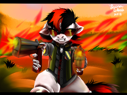 Size: 1600x1200 | Tagged: safe, artist:brainiac, oc, oc only, oc:blackjack, cyborg, pony, unicorn, fallout equestria, fallout equestria: project horizons, badass, clothes, collar, fanfic art, female, finger hooves, floppy ears, fluffy, gun, handgun, mare, metal as fuck, pistol, shooting, solo, sunglasses, thunder thighs, weapon