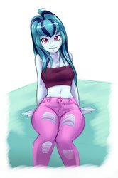 Size: 2313x3477 | Tagged: safe, artist:ambris, sonata dusk, equestria girls, g4, belly button, clothes, cute, female, high res, hips, jeans, looking at you, midriff, pants, sitting, solo, sonatabetes, tattered, thighs