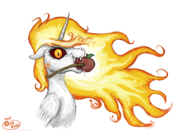 Size: 1600x1200 | Tagged: safe, artist:bigrigs, derpibooru exclusive, daybreaker, alicorn, pony, g4, apple, bust, drool, fangs, female, food, looking at you, solo, spittle