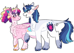 Size: 1008x722 | Tagged: safe, artist:wanderingpegasus, princess cadance, shining armor, alicorn, classical unicorn, pony, unicorn, g4, chest fluff, cloven hooves, cute, eye contact, female, heart eyes, horn, leonine tail, looking at each other, male, mare, ship:shiningcadance, shipping, simple background, smiling, stallion, straight, teen princess cadance, teenage shining armor, unshorn fetlocks, white background, wingding eyes, younger