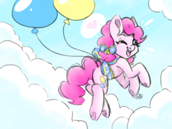 Size: 1280x960 | Tagged: safe, artist:taligintou, pinkie pie, earth pony, pony, g4, balloon, bow, cute, diapinkes, female, floating, hair bow, mare, smiling, solo, then watch her balloons lift her up to the sky